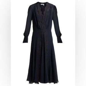 New Without Tag Chloe long sleeves lace trimmed silk maxi dress, navy, size 34